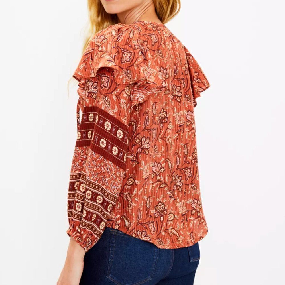Loft Bouquet Ruffle Tie Neck Blouse Size M - Picture 3 of 9